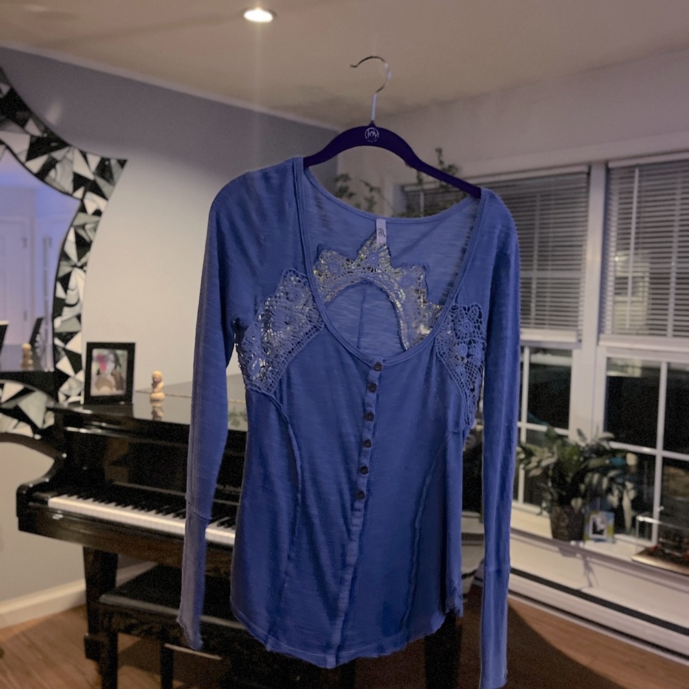 Free People medium blue denim soft stylish, sexy top.